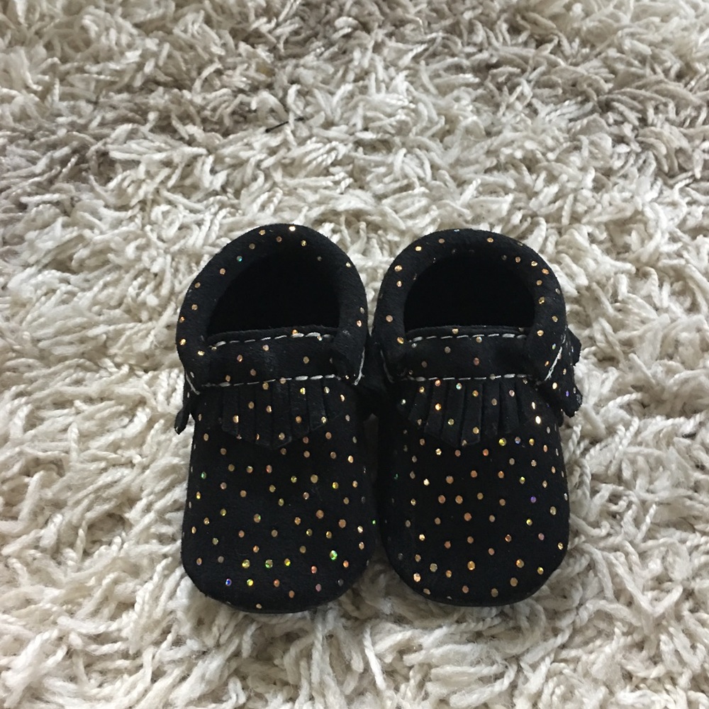 Black and gold polka dot moccasins